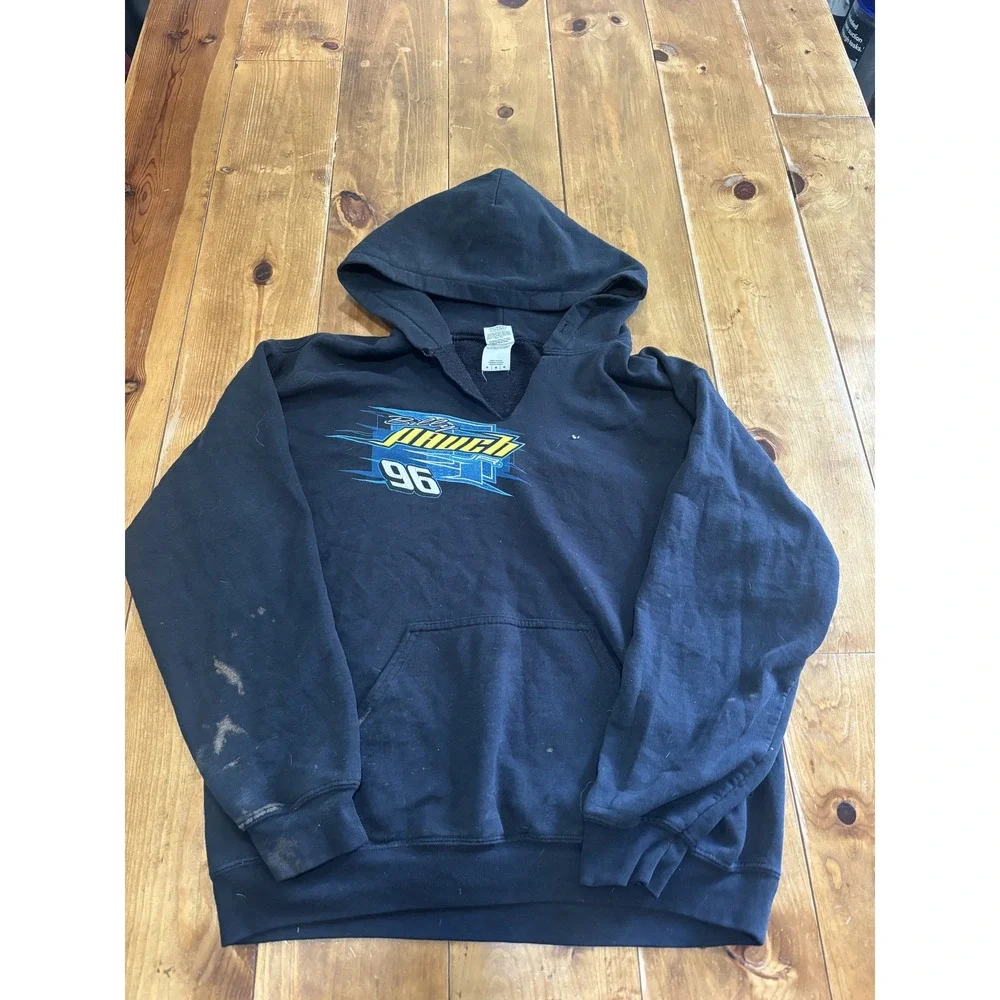 Gildan Men's M Black Pullover Hoodie Sweatshirt Racing 96 Graphic Print